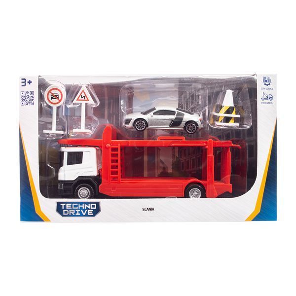 Автоперевізник Scania TechnoDrive з машинкою та знаками, 1:64 250430U фото